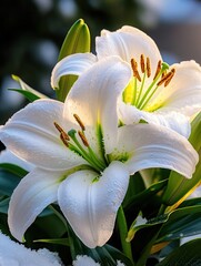 Beautiful white lilies with green leaves on a delicate display.