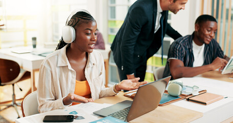 Education, student and woman with laptop, video call and exam in classroom with info, talk and online. Learning, scholarship and people in college with tech, headphones or communication for knowledge
