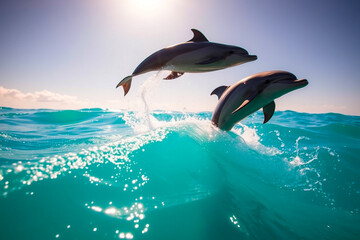 Fototapeta premium Playful Dolphins Leaping Gracefully from Vibrant Blue Ocean Waters Under a Clear Sky, Showcasing Their Agility, Elegance, and the Beauty of Marine Wildlife