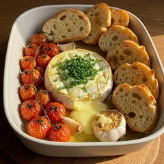 Savory baked Camembert cheese, garnished with fresh herbs, surrounded by cherry tomatoes and roasted garlic, served with crispy baguette slices in a sunlit baking dish scene.