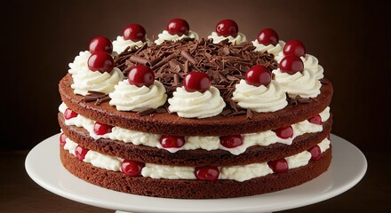 Delicious Chocolate Cake with Cherries and Whipped Cream Close Up