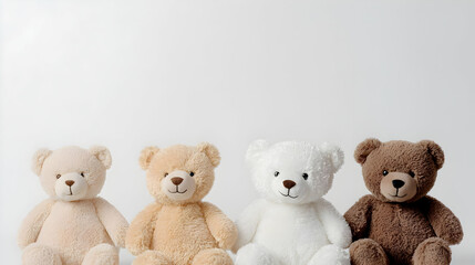 Four Teddy Bears In A Row On White Background