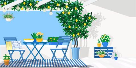 Blue garden furniture on the balcony with pots of flowers and a lemon tree. Vector flat illustration.
