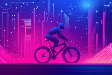 Futuristic Cyclist in Neon City with Digital Background and Stars