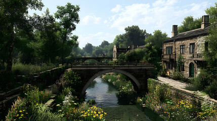 Fototapeta premium Arched Stone Bridge Over River in Lush Green Landscape with Sunny Sky and Blooming Floral Garden