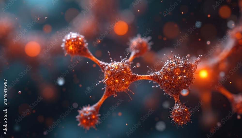 Poster computer-generated image of molecular structure with glowing orange particles. science, chemistry, b