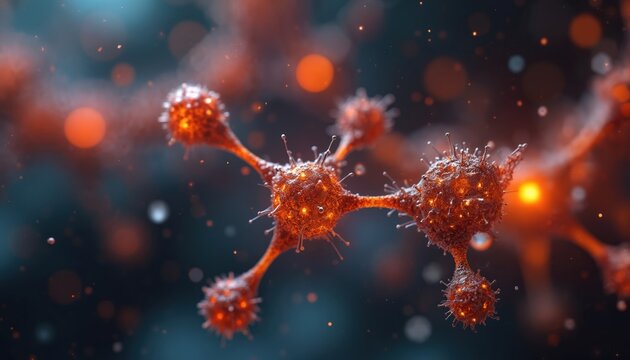 Computer-generated image of molecular structure with glowing orange particles. Science, chemistry, biology concept. Atom bonds, macro detail, energy, connection, biotechnology, medical research.
