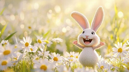 A friendly rabbit character standing on two legs with a joyful expression, surrounded by daisies.