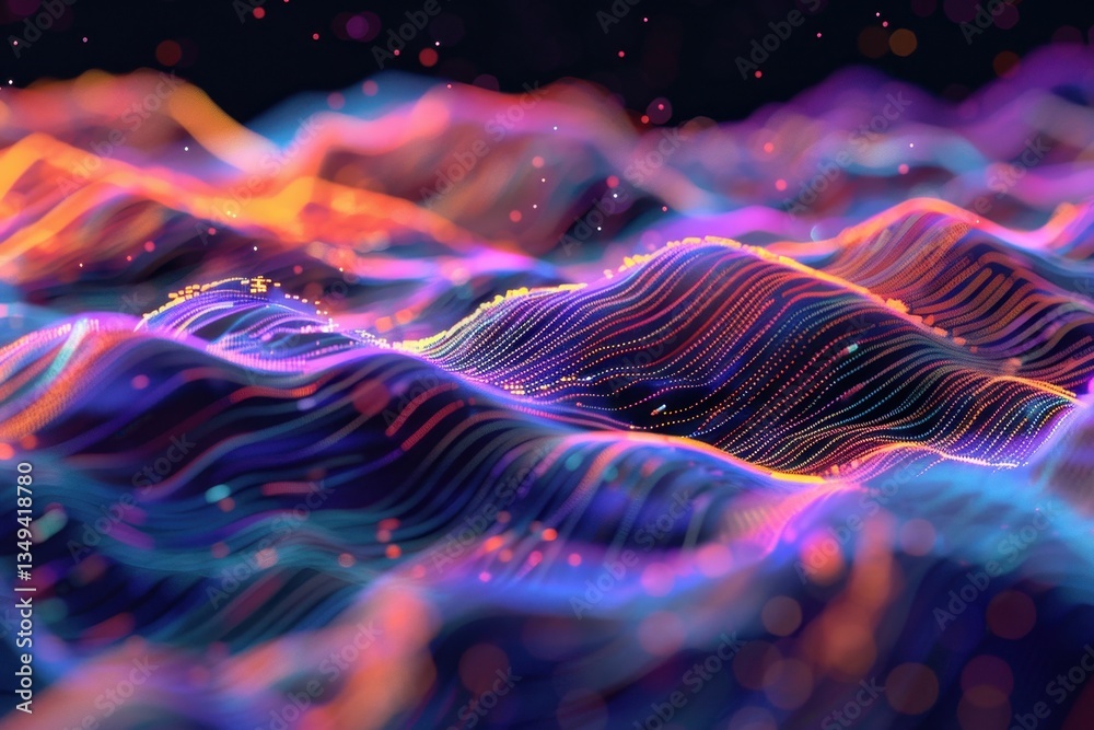 Poster colorful abstract wave patterns created by digital visualization techniques on a dark background sho