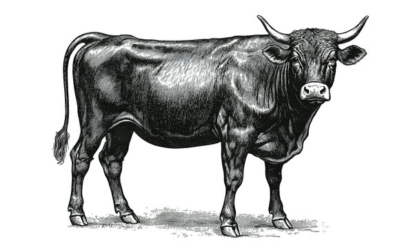 Cow, bull, farm. Vintage retro print, black white cow sketch ink pencil style drawing, engrave old school. Sketch artwork silhouette farm cow, white background. Side view profile. Illustration