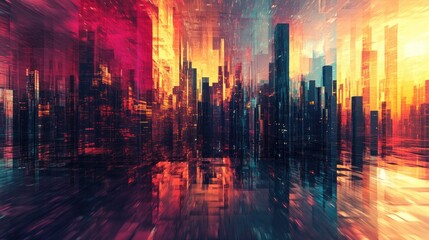 A Futuristic Cityscape at Sunset Digital Art Abstract Painting
