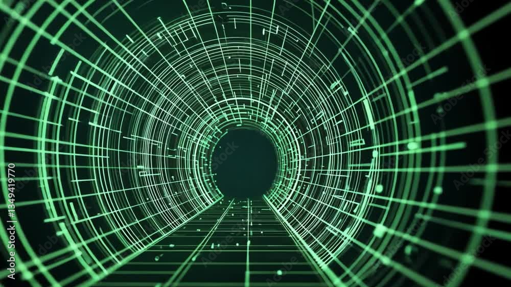 Poster abstract digital tunnel with glowing green lines and patterns creating a futuristic perspective, rep
