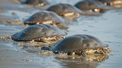 Fototapeta premium A group of horseshoe crabs gathering along a sandy shoreline during low tide. 