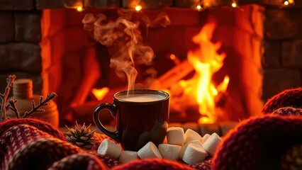 Cozy fireplace with steaming hot chocolate and marshmallows, warm, sweet