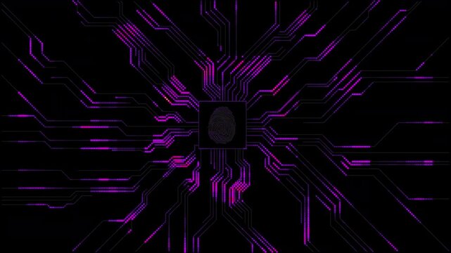 A Purple Security Fingure Print on a Spiral Glowing Circuit Board Technology Background - Loopable Technology Animation Background