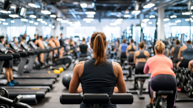 busy gym scene with individuals engaged in various workouts, showcasing determination and focus