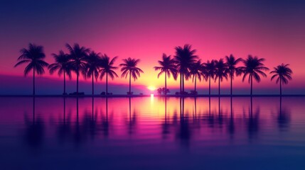 Naklejka premium Tropical Sunset Reflection with Palm Trees Silhouetted on Calm Water Edge