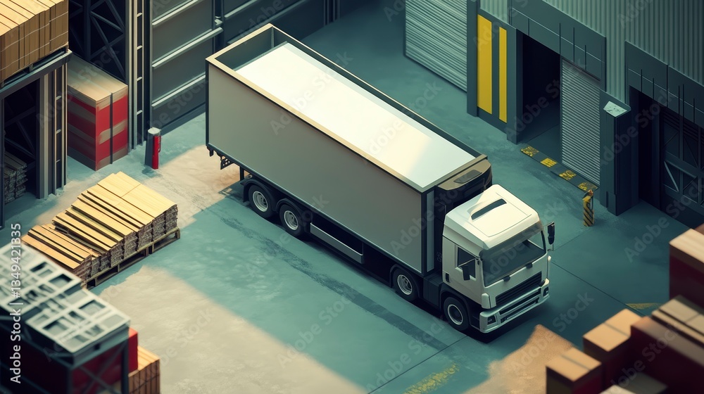 Aufkleber Top-down view of a delivery truck in a warehouse loading dock.