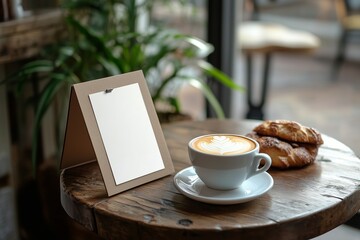 Cozy cafe table tent mockup with coffee and pastry for menu display