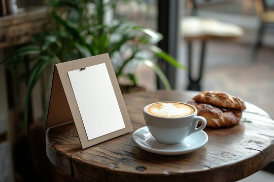 Cozy cafe table tent mockup with coffee and pastry for menu display