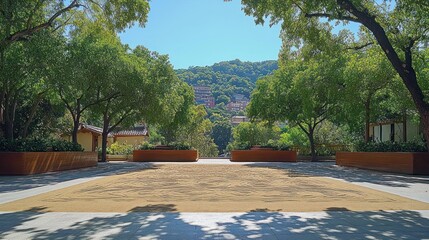 Sunny park view, sand pathway leads to lush greenery & hillside homes