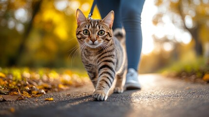 Naklejka premium A striped cat enjoys a leisurely walk along a path, surrounded by vibrant autumn foliage and warm sunlight