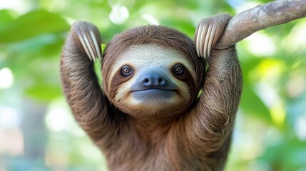 Fototapeta premium Cute baby sloth hanging from branch