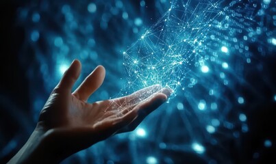 Hand Holding Glowing Blue Particles Abstract Background