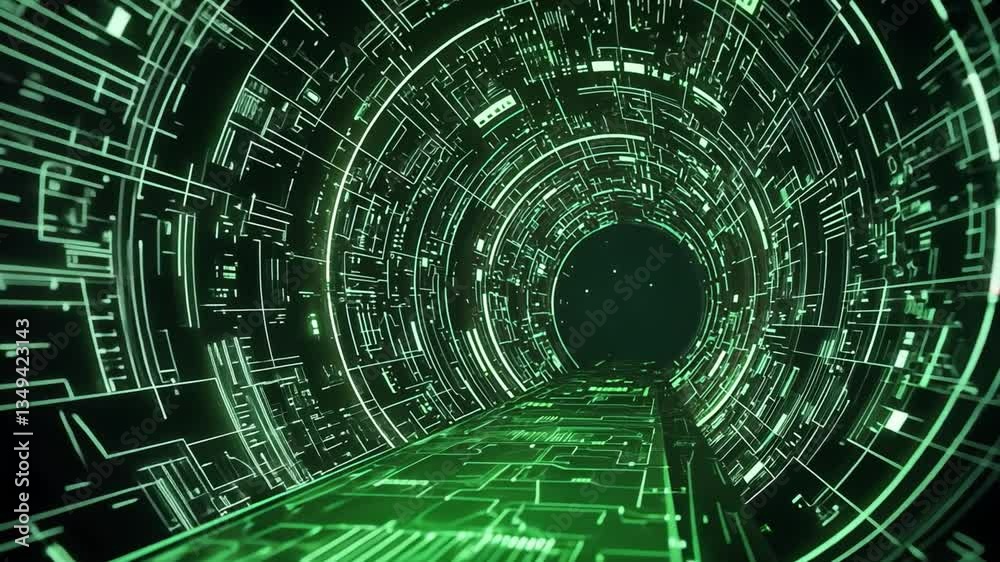 Poster futuristic cyber tunnel with green glowing circuit patterns and digital elements creating a sci-fi a