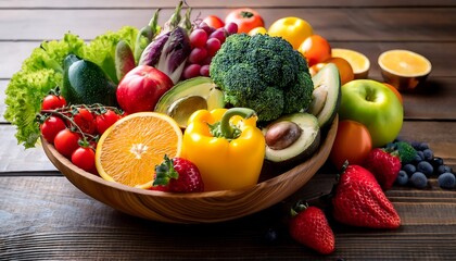  A bowl of fresh fruits and vegetables on a wooden table.