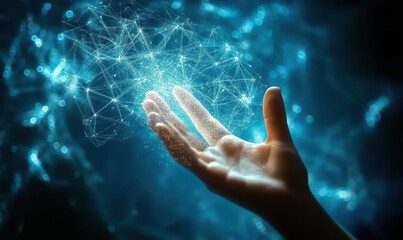 Hand Reaching for Glowing Blue Particles in Dark Background