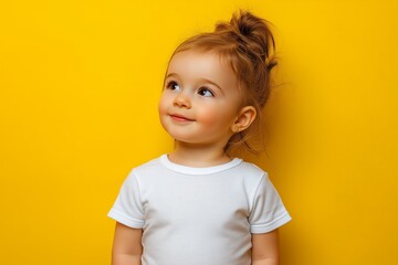 Naklejka premium design mockup toddler girl wearing plain blank white tshirt on a yellow background, studio portrait