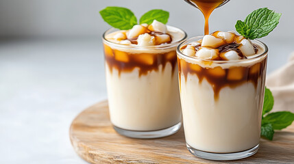 Creamy dessert with tapioca pearls and fruit, topped with rich syrup, evokes delight