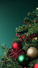 Fototapeta premium Christmas decorations with balls and pine branches arranged on a green background, evoking festive warmth, joy, and a traditional holiday spirit, perfect for seasonal celebrations.