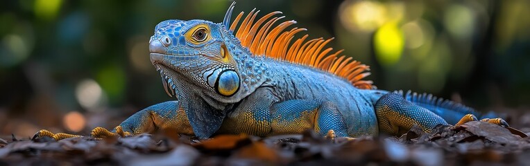 Fototapeta premium Blue iguana on forest floor, bokeh background, wildlife photography