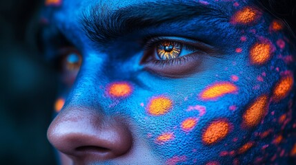 Naklejka premium Intricate blue and orange patterns highlight the gaze, showcasing artistic creativity in body art
