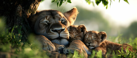 Obraz premium Mother Lion and Cubs Resting Under a Tree