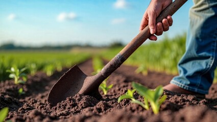 A farmer's hands grip the handle of a shovel, loosening the rich, dark soil in preparation for planting.