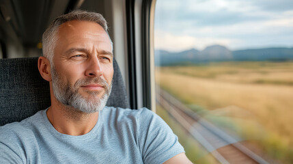 Fototapeta premium man sitting on train, gazing out window, lost in thought while enjoying scenic view