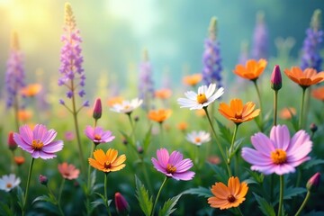 Fototapeta premium Delicate wildflowers, endlessly repeating texture , colorful, field, print