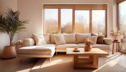 Obraz premium Warm Sunlit Lounge with Cream Sofa and Timber Table