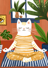 Cat meditates sitting on a yoga mat at home, digital drawing, colored pencils. Anthropomorphic animal