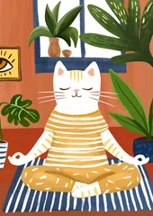 Cat meditates sitting on a yoga mat at home, digital drawing, colored pencils. Anthropomorphic animal © Khorzhevska