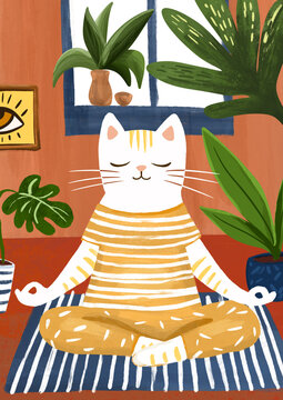 Cat meditates sitting on a yoga mat at home, digital drawing, colored pencils. Anthropomorphic animal