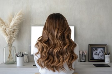Woman with wavy brown hair seated at a desk, facing away from the camera, in front of a computer screen
