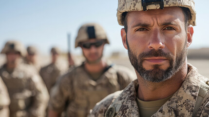 Fototapeta premium military officer stands confidently in front of team, showcasing leadership and determination