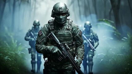Tactical Soldiers in Camouflage Advance Through Misty Forest, Showcasing Teamwork, Bravery, and Military Precision in Action Driven Environment