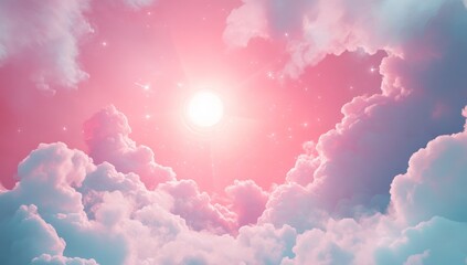 Fototapeta premium A dreamy sky filled with soft, fluffy clouds bathed in pink and blue hues. The glowing sun radiates warmth, creating a serene and surreal atmosphere that feels magical and ethereal.