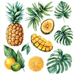 Kitchen wall prints, organic branding, farmers market design Vibrant fruits and tropical leaves collection.