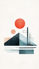 Fototapeta premium Geometric landscape with minimalist shapes, muted colors, and a sun